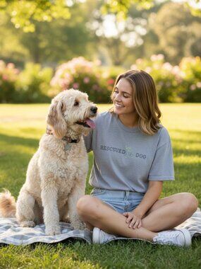 RESCUED BY A DOG Tee M Gray Dog Lover Shirt Rescue Puppy Dog Mom Dad Gift